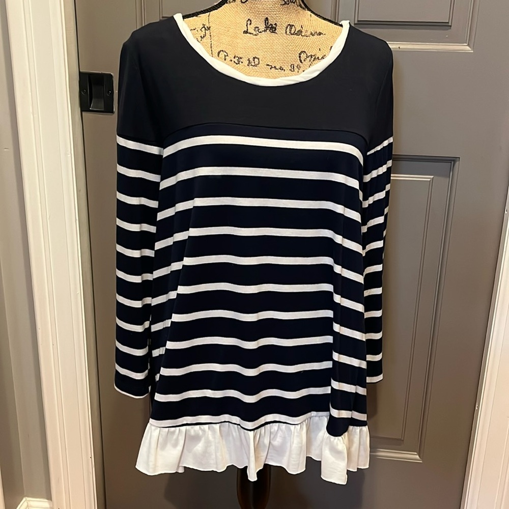 Umgee navy and white striped high low blouse.